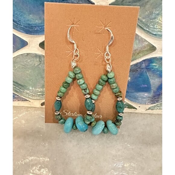 Handmade Native American Genuine Turquoise & 925 Silver Navajo Pearl Earrings - Picture 6 of 8